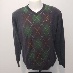 Tommy Hilfiger Y2K Men's Cabincore V-Neck Sweater Gray Green Argyle Size XL